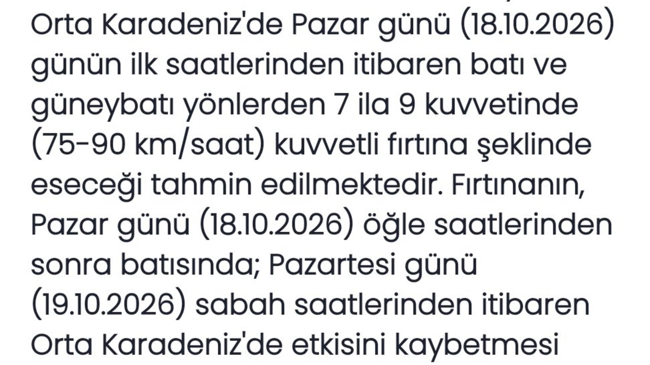 Batı ve Orta Karadeniz İçin Kuvvetli Fırtına Uyarısı