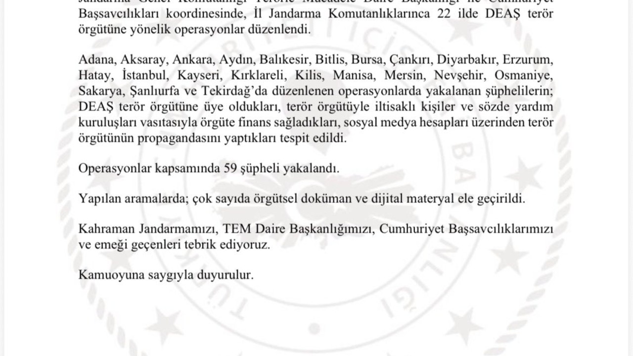 22 İlde DEAŞ Operasyonu: 59 Şüpheli Yakalandı