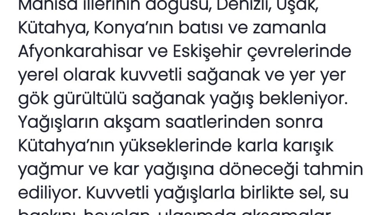 İç Ege ile Eskişehir ve Konya’da Kuvvetli Yağış Bekleniyor