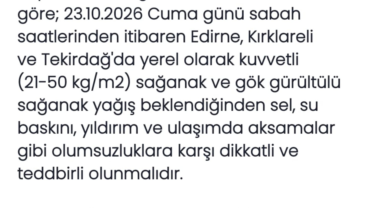 Trakya’da Cuma Günü Yerel Kuvvetli Yağış Bekleniyor