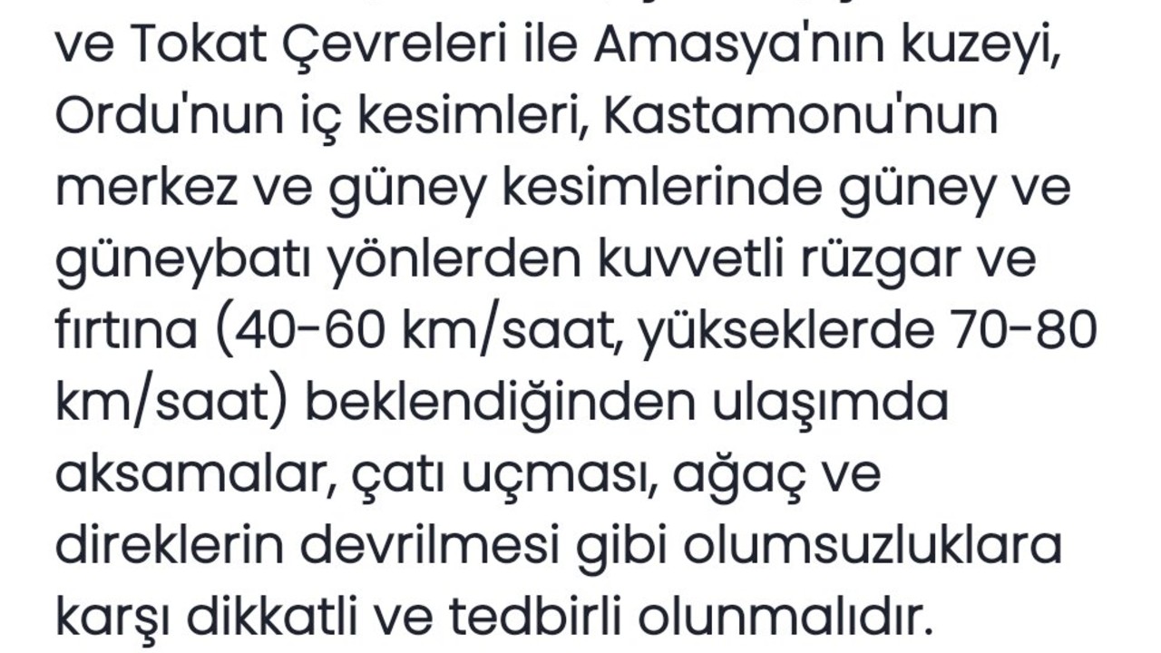 Birçok İlde Kuvvetli Rüzgar ve Fırtına Uyarısı