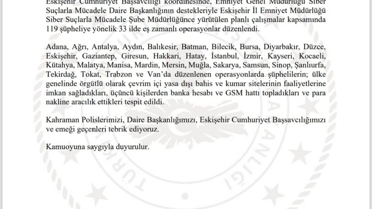 Eskişehir Merkezli 33 İlde Yasa Dışı Bahis Operasyonu