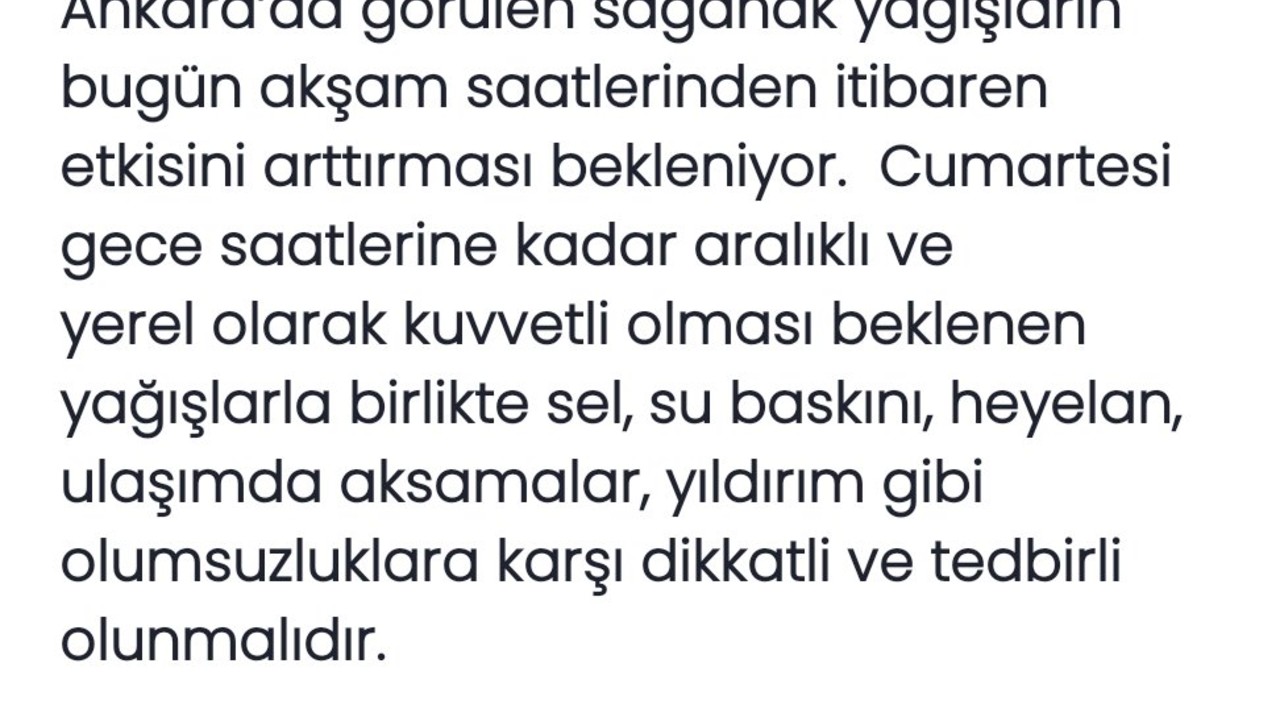 Ankara İçin Yerel Kuvvetli Yağış Uyarısı Yapıldı