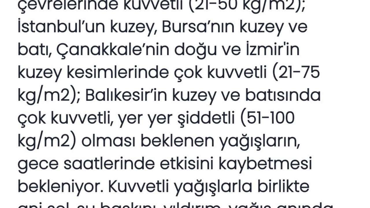 Bursa’nın Kuzey ve Batısında Çok Kuvvetli Yağış Bekleniyor