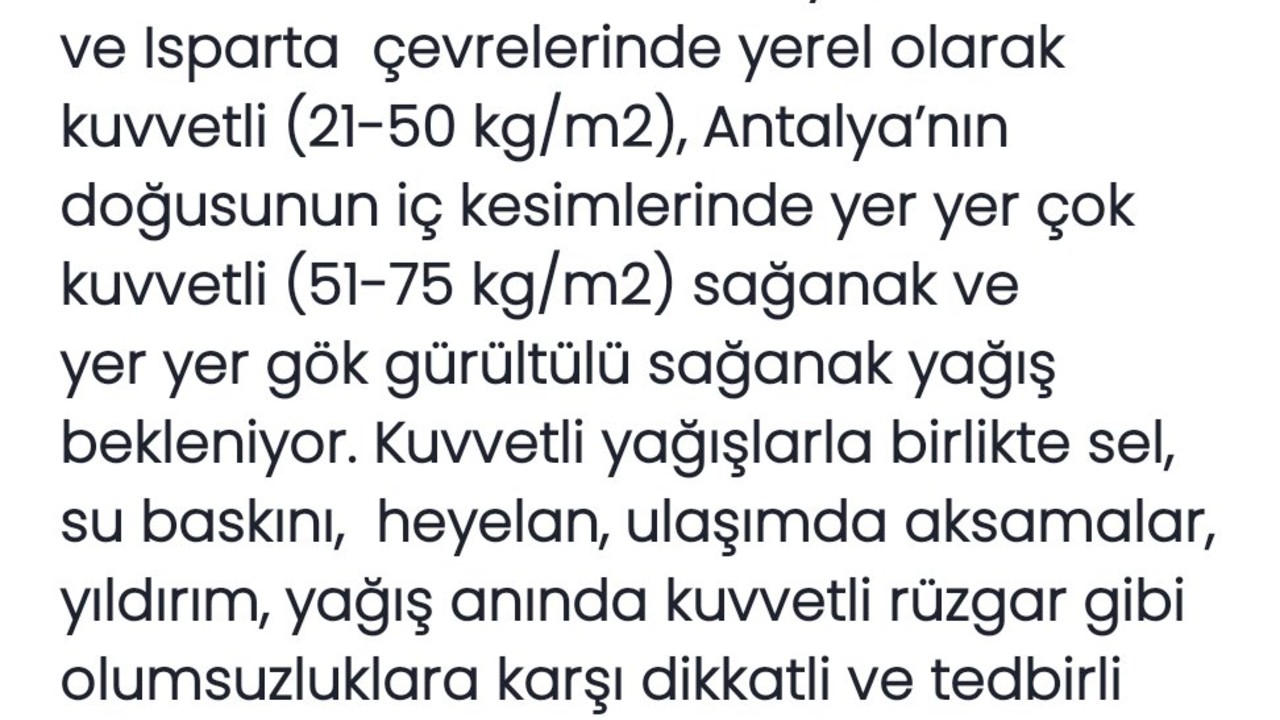 Batı Akdeniz İçin Kuvvetli Sağanak Yağış Uyarısı