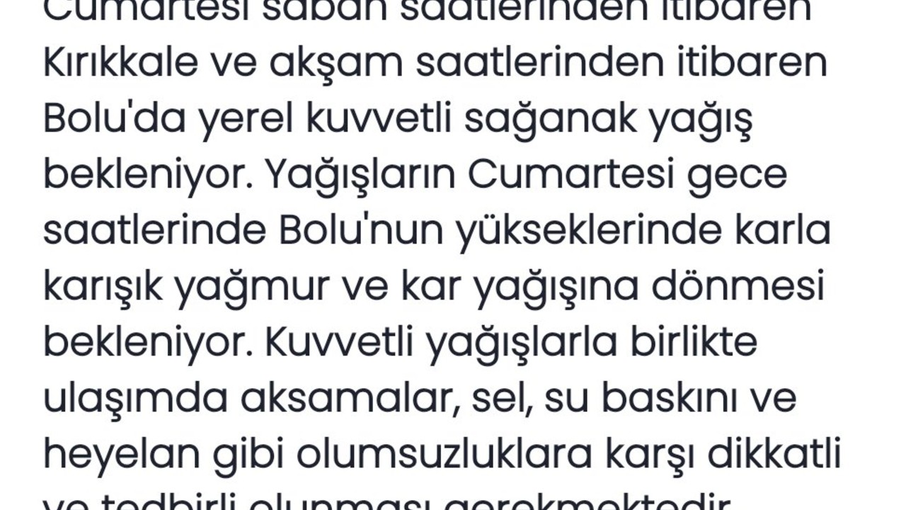 Çankırı, Kırıkkale ve Bolu İçin Kuvvetli Yağış Uyarısı