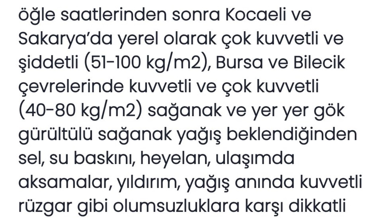 Marmara’nın Doğusunda Kuvvetli Yağış Uyarısı